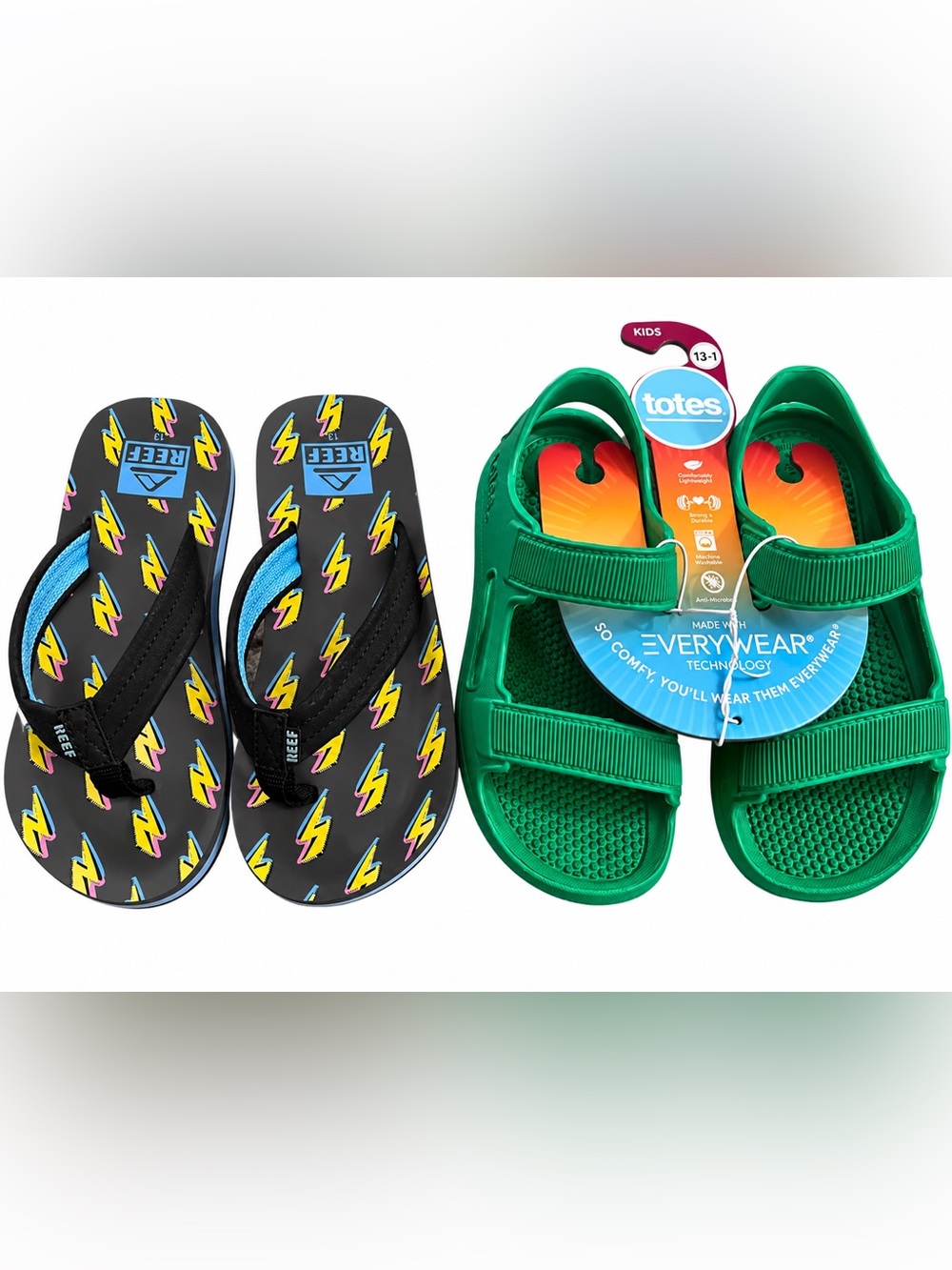 Reef Black Flip-Flops with Lightning Pattern paired with totes green sandals NEW